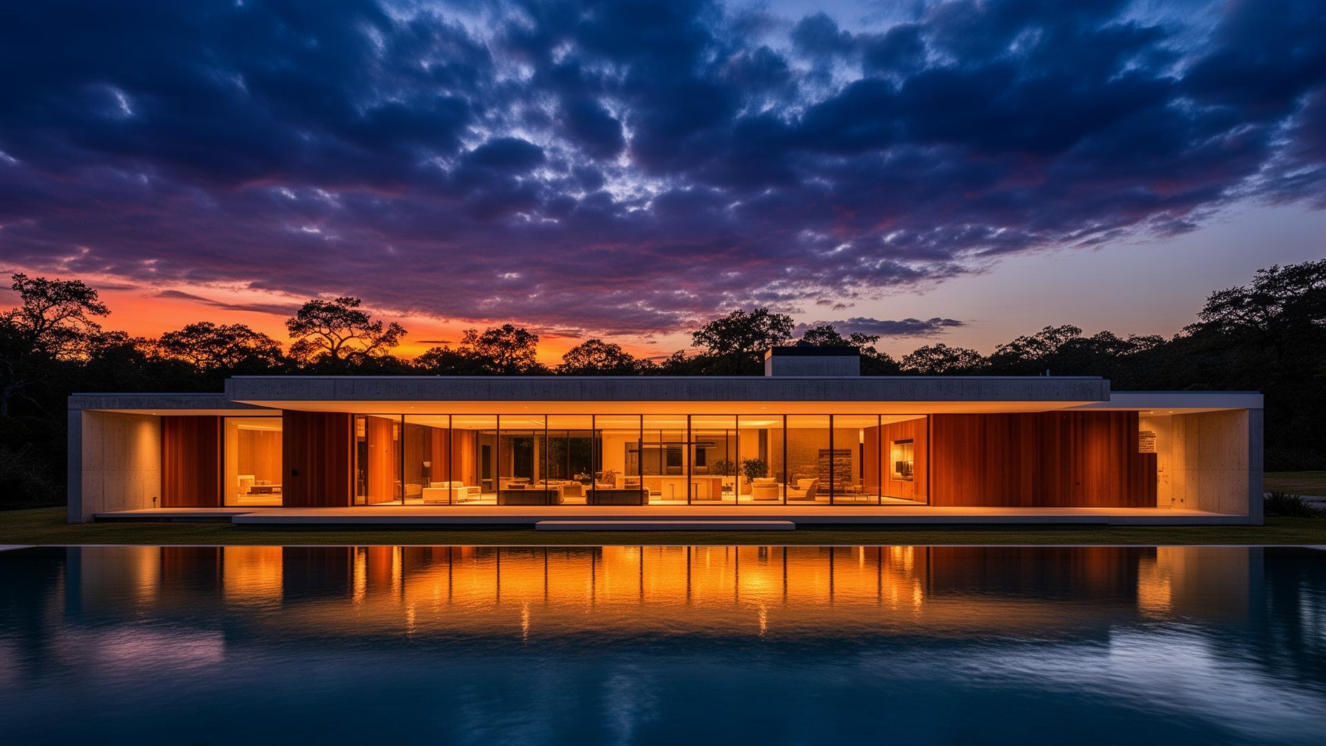 Modern architectural home at dusk